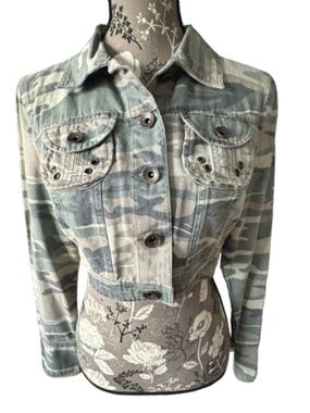 Vintage Star Jeans Women M Camouflage Green & Gray Cotton Cropped Jean Jacket